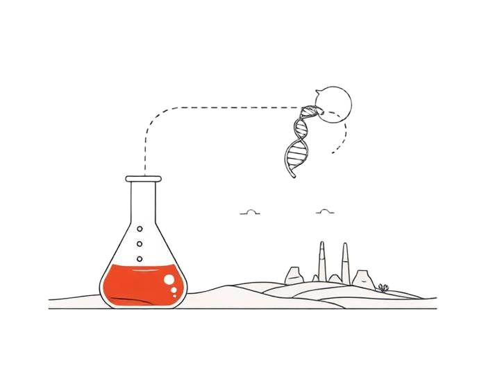 Line illustration of a laboratory flask and DNA helix connected to a desert skyline