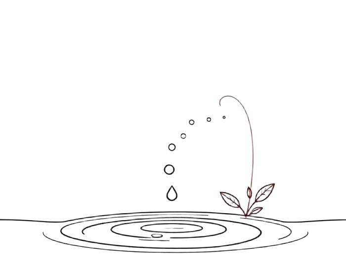 Line illustration of fine bubbles rising through water beside a small plant